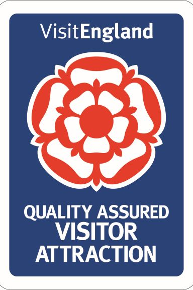visit england logo. graphic red rose on blue background