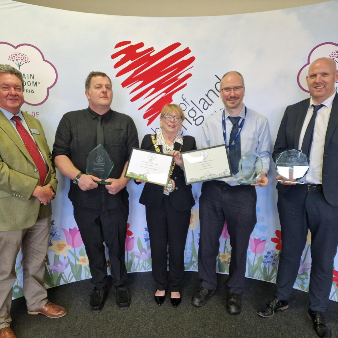 Photo caption: (left to right): Joe Hayden, Britain in Bloom Judge, John Howes, Green Space and Biodiversity Manager, Barbara Brown, The Mayor of Rugby, Colin Horton, Green Spaces Officer and Tom Kittendorf, Chief Officer for Leisure and Wellbeing at the England in Bloom award ceremony in Malvern, Worcestershire.
